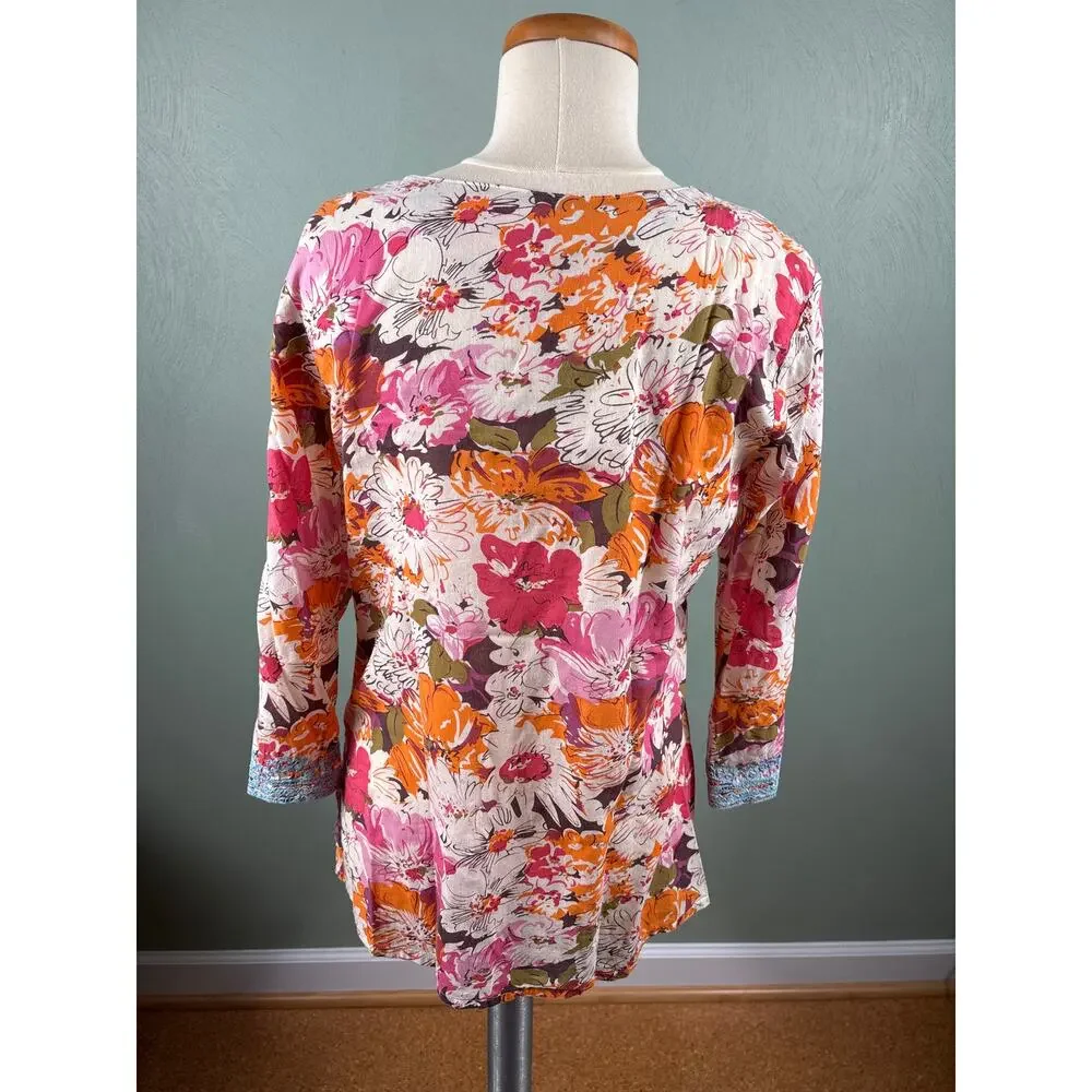 Sundance Womens Medium Cotton Split Neck 3/4 Sleeve Embroidered Tunic Top Blouse